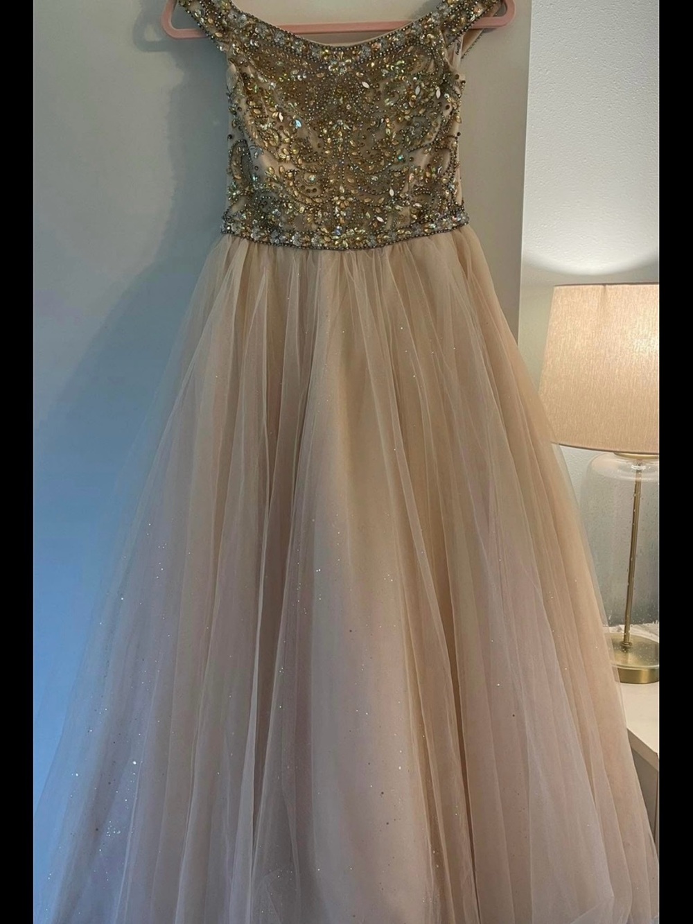 Tiffany Designs Champagne Beaded Tulle Ball Gown